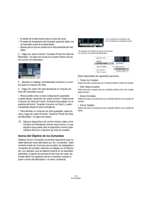 Page 134134
El mezclador
 El estado de ocultar/mostrar para los tipos de canal.
 El estado de visualización del mezclador (panel de faders, pa-
nel extendido, panel de entrada/salida).
 Ajustes para lo que se muestra en la vista extendida del mez-
clador.
2.Haga clic sobre el botón “Guardar Preset de Vista de 
Mezclador” (el signo de suma) en la parte inferior del pa-
nel común (no extendido).
3.Aparece un diálogo, permitiéndole introducir un nom-
bre para el conjunto de vista.
4.Haga clic sobre OK para...
