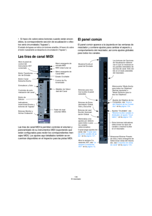 Page 136136
El mezclador
Si hace clic sobre estos botones cuando están encen-
didos, la correspondiente sección de ecualización o efec-
tos será circunvalada (“bypass”).
El estado de bypass se indica con botones amarillos. Al hacer clic sobre 
el botón nuevamente se desactiva la circunvalación (“bypass”).
Las tiras de canal MIDI
Las tiras de canal MIDI le permiten controlar el volumen y 
panoramizado de su instrumentos MIDI (suponiendo que 
están configurados para recibir los correspondientes men-
sajes MIDI)....