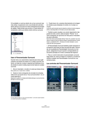 Page 216216
Sonido Surround
Si ha añadido un sub-bus dentro de un bus surround (vea 
más arriba), le aparecerá como una entrada del submenú 
dentro del bus surround en el menú emergente de enrutado 
de salidas. Selecciónelo para enrutar un canal estéreo di-
rectamente a dicho par estéreo dentro del bus surround.
Usar el Panoramizador Surround
Nuendo tiene una característica especial para situar gráfi-
camente una fuente de sonido en un campo surround. De 
hecho, se trata de un plug-in especial que distribuye el...