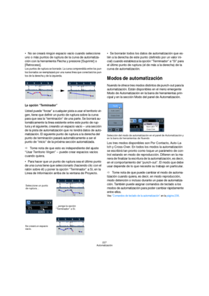 Page 227227
Automatización
No se creará ningún espacio vacío cuando seleccione 
uno o más puntos de ruptura de la curva de automatiza-
ción con la herramienta Flecha y presione [Suprimir] o 
[Retroceso].
Los puntos de ruptura se borrarán. La curva comprendida entre los pun-
tos borrados se reemplazará por una nueva línea que conectará los pun-
tos de la derecha y de la izquierda.
La opción “Terminador”
Usted puede “forzar” a cualquier pista a usar el territorio vir-
gen, tiene que definir un punto de ruptura...