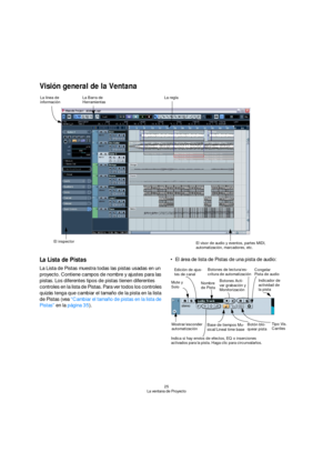 Page 2525
La ventana de Proyecto
Visión general de la Ventana
La Lista de Pistas
La Lista de Pistas muestra todas las pistas usadas en un 
proyecto. Contiene campos de nombre y ajustes para las 
pistas. Los diferentes tipos de pistas tienen diferentes 
controles en la lista de Pistas. Para ver todos los controles 
quizás tenga que cambiar el tamaño de la pista en la lista 
de Pistas (vea “Cambiar el tamaño de pistas en la lista de 
Pistas” en la página 35).El área de lista de Pistas de una pista de audio:
El...