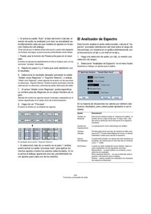 Page 264264
Funciones y procesado de audio
Si activa la casilla “Auto” al lado del botón Calcular, el 
evento de audio se analizará (y el visor se actualizará) au-
tomáticamente cada vez que cambie los ajustes en la sec-
ción Detección del diálogo.
Tome nota de que no debería activar esta opción cuando esté trabajando 
con ficheros muy largos, ya que el proceso podría llevarle mucho tiempo.
Puede usar la función de Preescucha para oír el resul-
tado.
El evento se reproducirá repetidamente en toda su longitud,...
