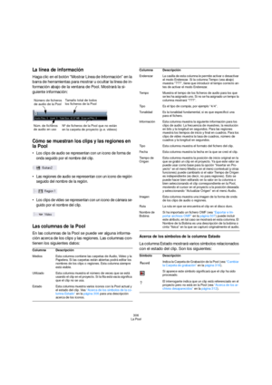 Page 306306
La Pool
La línea de información
Haga clic en el botón “Mostrar Línea de Información” en la 
barra de herramientas para mostrar u ocultar la línea de in-
formación abajo de la ventana de Pool. Mostrará la si-
guiente información:
Cómo se muestran los clips y las regiones en 
la Pool
 Los clips de audio se representan con un icono de forma de 
onda seguido por el nombre del clip.
 Las regiones de audio se representan con un icono de región 
seguido del nombre de la región.
 Los clips de vídeo se...