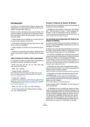 Page 323323
MediaBay
Introducción
La producción de material media moderno requiere de la 
manipulación y uso de una gran cantidad de ficheros de 
medios: de audio, MIDI, vídeo, etc.
Nuendo le ofrece una base de datos para el manejo de fi-
cheros de medios muy potente que le permitirá controlar 
todos sus ficheros dentro del secuenciador. Esto involu-
cra varias tareas: 
Puede navegar por las carpetas de su sistema de fiche-
ros para ver las carpetas y los ficheros.
Puede definir búsquedas para encontrar ficheros...