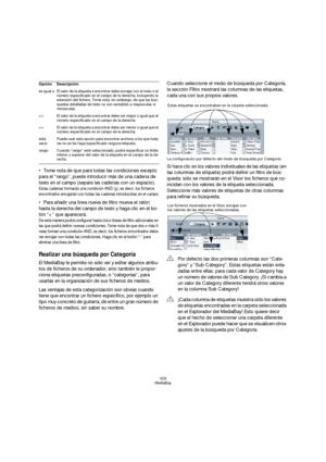 Page 329329
MediaBay
Tome nota de que para todas las condiciones excepto 
para el “rango”, puede introducir más de una cadena de 
texto en el campo (separe las cadenas con un espacio).
Estas cadenas formarán una condición AND (y), es decir, los ficheros 
encontrados encajarán con todas las cadenas introducidas en el campo.
Para añadir una línea nueva de filtro mueva el ratón 
hasta la derecha del campo de texto y haga clic en el bo-
tón “+” que aparecerá.
De esta manera podrá configurar hasta cinco líneas de...