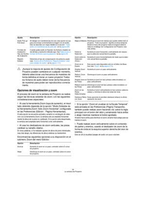 Page 3434
La ventana de Proyecto
Opciones de visualización y zoom
El proceso de zoom en la ventana de Proyecto se realiza 
según las técnicas estándar de zoom, con las siguientes 
consideraciones especiales:
Al usar la herramienta Zoom (lupa de aumento), el resul-
tado obtenido depende de la opción “Modo Estándar de 
la Herramienta Zoom: Sólo Zoom Horizontal” configurada 
en las Preferencias (Edición - Página Herramientas).
Si esta opción se encuentra activada y arrastra un rectángulo de selec-
ción con la...