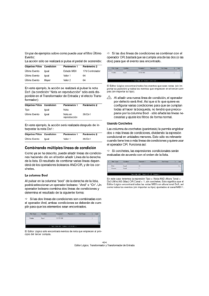 Page 404404
Editor Lógico, Transformador y Transformador de Entrada
Un par de ejemplos sobre como puede usar el filtro Último 
Evento:
La acción sólo se realizará si pulsa el pedal de sostenido:
En este ejemplo, la acción se realizará al pulsar la nota 
Do1 (la condición “Nota en reproducción” sólo está dis-
ponible en el Transformador de Entrada y el efecto Trans-
formador):
En este ejemplo, la acción será realizada después de in-
terpretar la nota Do1:
Combinando múltiples líneas de condición
Como ya se ha...