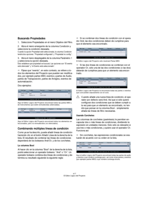 Page 417417
El Editor Lógico del Proyecto
Buscando Propiedades
1.Seleccione Propiedades en el menú Objetivo del Filtro.
2.Abra el menú emergente de la columna Condición y 
seleccione la condición deseada. 
Cuando la opción Propiedad esté seleccionada, la columna Condición 
tendrá dos opciones: “Propiedad configurada” y “Propiedad no config.”. 
3.Abra el menú desplegable de la columna Parámetro 1 
y selecciona la opción deseada.
Esto establece qué propiedad se buscará. Las opciones son “El evento 
está...