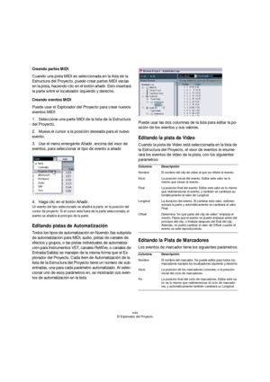 Page 444444
El Explorador del Proyecto
Creando partes MIDI
Cuando una pista MIDI es seleccionada en la lista de la 
Estructura del Proyecto, puede crear partes MIDI vacías 
en la pista, haciendo clic en el botón añadir. Esto insertará 
la parte entre el localizador izquierdo y derecho.
Creando eventos MIDI
Puede usar el Explorador del Proyecto para crear nuevos 
eventos MIDI:
1.Seleccione una parte MIDI de la lista de la Estructura 
del Proyecto.
2.Mueva el cursor a la posición deseada para el nuevo 
evento....