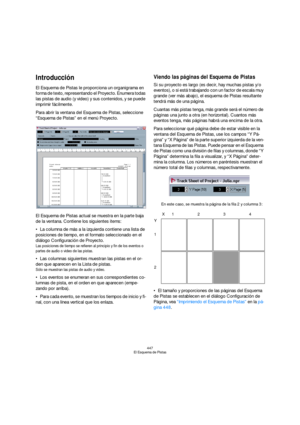 Page 447447
El Esquema de Pistas
Introducción
El Esquema de Pistas le proporciona un organigrama en 
forma de texto, representando el Proyecto. Enumera todas 
las pistas de audio (y video) y sus contenidos, y se puede 
imprimir fácilmente.
Para abrir la ventana del Esquema de Pistas, seleccione 
“Esquema de Pistas” en el menú Proyecto.
El Esquema de Pistas actual se muestra en la parte baja 
de la ventana. Contiene los siguientes items:
La columna de más a la izquierda contiene una lista de 
posiciones de...