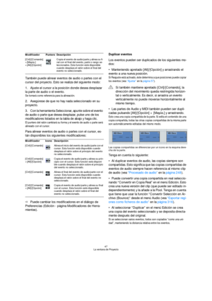 Page 4747
La ventana de Proyecto
También puede alinear eventos de audio o partes con el 
cursor del proyecto. Esto se realiza del siguiente modo: 
1.Ajuste el cursor a la posición donde desea desplazar 
la parte de audio o el evento.
Se tomará como referencia para la alineación.
2.Asegúrese de que no hay nada seleccionado en su 
proyecto.
3.Con la herramienta Seleccionar, apunte sobre el evento 
de audio o parte que desea desplazar, pulse uno de los 
modificadores listados en la tabla de abajo y haga clic.
El...