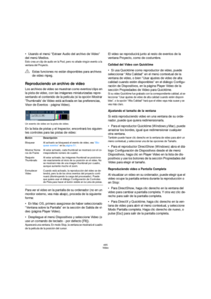 Page 485485
Video
Usando el menú “Extraer Audio del archivo de Video” 
del menú Medios.
Esto crea un clip de audio en la Pool, pero no añade ningún evento a la 
ventana del Proyecto.
Reproduciendo un archivo de video
Los archivos de video se muestran como eventos/clips en 
la pista de video, con las imágenes miniaturizadas repre-
sentando el contenido de la película (si la opción Mostrar 
Thumbnails de Video está activada en las preferencias, 
Visor de Eventos - página Video).
Un evento de video en la pista de...