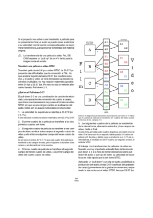 Page 490490
Video
Si el proyecto va a volver a ser transferido a película para 
su presentación final, el audio se puede volver a ralentizar 
a su velocidad normal que le correspondía antes de la pri-
mera transferencia, para preservar la fidelidad del material 
original.
Transferir una película a video NTSC
Transferir película de 24 fps a video NTSC de 29.97 fps 
presenta más dificultades que la conversión a PAL. Ya 
que acelerar la película hasta 29.97 fps resultaría exce-
sivo, y el audio y video se vería...