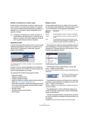 Page 5151
La ventana de Proyecto
Deslizar el contenido de un evento o parte
Puede mover el contenido de un evento o parte sin cam-
biar su posición en la ventana de Proyecto. Por defecto, 
esta acción se realiza pulsando [Alt]/[Opción]+[Mayús.], y 
haciendo clic en el evento o parte y arrastrando a la iz-
quierda o derecha.
Agrupando eventos
A veces es útil tratar varios eventos como uno solo. Puede 
realizarse agrupándolos: Seleccione los eventos (en la 
misma Pista o en diferentes) y seleccione “Agrupar”...