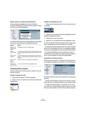 Page 527527
Personalizar
Aplicar colores a las pistas automáticamente
En las preferencias (página Opciones de Edición–
Proyecto & Mezclador) podrá encontrar la opción “Modo 
de Color de la Pista automático”.
Le ofrecerá varias opciones para la asignación automática 
de colores a las pistas que se añadan al proyecto.
Colorear partes y eventos
Hay dos maneras de colorear partes y eventos en la ven-
tana de Proyecto:
Usando el selector de color
1.Seleccione las partes o eventos deseados.
2.Elija un color en el...