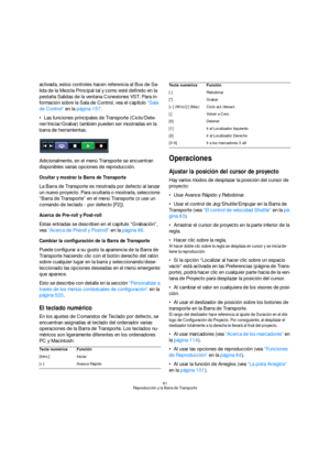 Page 6161
Reproducción y la Barra de Transporte
activada, estos controles hacen referencia al Bus de Sa-
lida de la Mezcla Principal tal y como esté definido en la 
pestaña Salidas de la ventana Conexiones VST. Para in-
formación sobre la Sala de Control, vea el capítulo “Sala 
de Control” en la página 157.
Las funciones principales de Transporte (Ciclo/Dete-
ner/Iniciar/Grabar) también pueden ser mostradas en la 
barra de herramientas.
Adicionalmente, en el menú Transporte se encuentran 
disponibles varias...