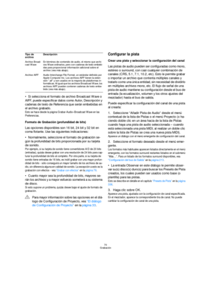 Page 7070
Grabación
Si selecciona el formato de archivo Broadcast Wave o 
AIFF, puede especificar datos como Autor, Descripción y 
cadenas de texto de Referencia que serán embebidas en 
el archivo grabado.
Esto se hace desde la página Grabar-Audio–Broadcast Wave en las 
Preferencias.
Formato de Grabación (profundidad de bits)
Las opciones disponibles son 16 bit, 24 bit y 32 bit en 
coma flotante. Use las siguientes indicaciones:
Normalmente, seleccione el formato de grabación se-
gún la profundidad de bits...