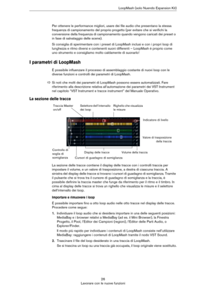 Page 2626
Lavorare con le nuove funzioniLoopMash (solo Nuendo Expansion Kit)
Per ottenere le performance migliori, usare dei file audio che presentano la stessa 
frequenza di campionamento del proprio progetto (per evitare che si verifichi la 
conversione della frequenza di campionamento quando vengono caricati dei preset o 
in fase di salvataggio delle scene).
Si consiglia di sperimentare con i preset di LoopMash inclusi e con i propri loop di 
lunghezza e ritmo diversi e contenenti suoni differenti – LoopMash...