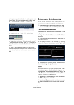 Page 1717
Tutorial 1: Grabación
2.Desplace el puntero del ratón a la parte superior de la 
zona de regla. Su forma cambiará a la de un lápiz. Haga 
clic y arrástrelo desde el compás 2 al compás 3.
3.Asegúrese de que el botón Ciclo está activado.
4.Haga clic en los botones “Saltar al marcador anterior” 
y “Saltar al marcador siguiente” hasta que el cursor de po-
sición de canción se encuentre directamente en el com-
pás 2.
5.Pulse la barra espaciadora para iniciar la reproduc-
ción. Sequel realizará una...