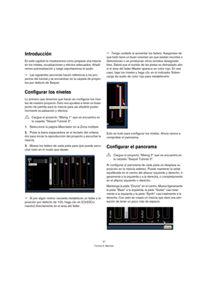 Page 2727
Tutorial 3: Mezclas
Introducción
En este capítulo le mostraremos cómo preparar una mezcla 
en los niveles, ecualizaciones y efectos adecuados. Añadi-
remos automatización y luego exportaremos el audio.
ÖLas siguientes secciones hacen referencia a los pro-
yectos del tutorial y se encuentran en la carpeta de proyec-
tos por defecto de Sequel.
Configurar los niveles
Lo primero que tenemos que hacer es configurar los nive-
les de nuestro proyecto. Esto nos ayudará a tener un buen 
punto de partida para...