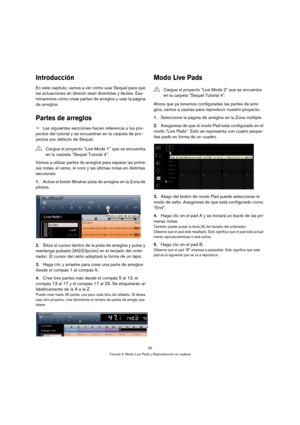 Page 3535
Tutorial 4: Modo Live Pads y Reproducción en cadena
Introducción
En este capítulo, vamos a ver cómo usar Sequel para que 
las actuaciones en directo sean divertidas y fáciles. Exa-
minaremos cómo crear partes de arreglos y usar la página 
de arreglos.
Partes de arreglos 
ÖLas siguientes secciones hacen referencia a los pro-
yectos del tutorial y se encuentran en la carpeta de pro-
yectos por defecto de Sequel.
Vamos a utilizar partes de arreglos para separar las prime-
ras notas, el verso, el coro y...