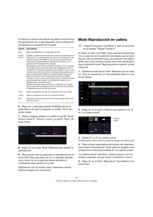 Page 3636
Tutorial 4: Modo Live Pads y Reproducción en cadena
El orden en el que se reproducen los pads y la hora exacta 
de reproducción de un pad dependen de la configuración 
que aparece a la izquierda de los pads.
6.Haga clic y mantenga pulsado [Alt]/[Opción] en la 
parte inferior del pad A y asígnele el nombre “Intro” (pri-
meras notas). 
7.Vamos a asignar también un nombre al pad B: “Verse” 
(verso); al pad C: “Chorus” (coro); y al pad D: “Extro” (úl-
timas notas).
8.Haga clic en el pad “Stop” (Detener)...