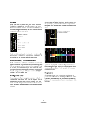 Page 5959
Zona múltiple
Canales
Cada pista tiene su propio canal, que incluye un botón 
Grabación preparada, un botón Enmudecer y un botón 
Solo. Estos botones tienen la misma funcionalidad que los 
botones correspondientes que hay en el área de controles 
de pista de la Zona de arreglos.
Cada canal tiene asignada una etiqueta y un número. Es-
tas etiquetas y números se corresponden con los que se 
encuentran en las pistas en la Zona de arreglos.
Nivel (volumen) y panorama de canal
Cada canal tiene un fader...