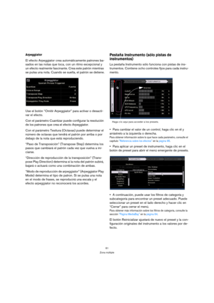 Page 6161
Zona múltiple
Arpeggiator
El efecto Arpeggiator crea automáticamente patrones ba-
sados en las notas que toca, con un ritmo excepcional y 
un efecto realmente fascinante. Crea este patrón mientras 
se pulsa una nota. Cuando se suelta, el patrón se detiene.
Use el botón “Omitir Arpeggiator” para activar o desacti-
var el efecto.
Con el parámetro Cuantizar puede configurar la resolución 
de los patrones que crea el efecto Arpeggiator. 
Con el parámetro Tesitura (Octavas) puede determinar el 
número de...