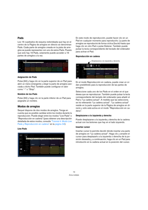 Page 7373
Zona múltiple
Pads
Los 16 cuadrados de esquina redondeada que hay en el 
centro de la Página de arreglos en directo se denominan 
Pads. Cada parte de arreglos creada en la pista de arre-
glos se puede representar con uno de estos Pads. Puesto 
que solo hay 16 Pads, solamente puede acceder a 16 
partes de arreglos a la vez.
Asignación de Pads
Pulse [Alt] y haga clic en la parte superior de un Pad para 
abrir un menú emergente y elegir la parte de arreglos aso-
ciada a dicho Pad. También puede...