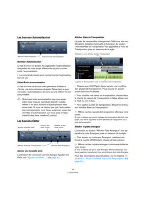 Page 4444
La Zone Pilote
Les boutons Automatisation
Montrer l’Automatisation
Le fait d’activer ce bouton fera apparaître l’automatisation 
des pistes de votre projet. Désactivez-le pour cacher 
toute l’automatisation.
La commande clavier pour montrer/cacher l’automatisa-
tion est [A].
Éditer/Écrire Automatisation
Le fait d’activer ce bouton vous permettra d’éditer et 
d’écrire une automatisation de piste. Désactivez-le pour 
verrouiller l’automatisation, de sorte qu’une édition ne soit 
pas possible.
Les...