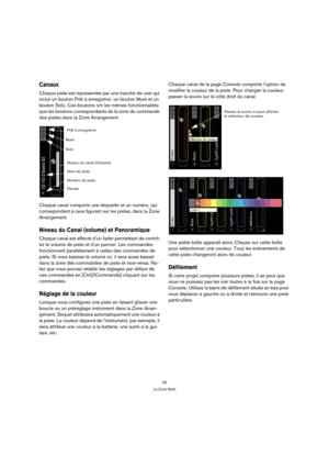Page 5959
La Zone Multi
Canaux
Chaque piste est représentée par une tranche de voie qui 
inclut un bouton Prêt à enregistrer, un bouton Muet et un 
bouton Solo. Ces boutons ont les mêmes fonctionnalités 
que les boutons correspondants de la zone de commande 
des pistes dans la Zone Arrangement.
Chaque canal comporte une étiquette et un numéro, qui 
correspondent à ceux figurant sur les pistes, dans la Zone 
Arrangement.
Niveau du Canal (volume) et Panoramique
Chaque canal est affecté d’un fader permettant de...