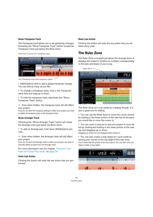 Page 4343
The Pilot Zone
Show Transpose Track
The Transpose track allows you to set global key changes. 
Activating the “Show Transpose Track” button reveals the 
Transpose Track just below the Ruler Zone.
[Alt]/[Option]-click to add a global transpose change. 
You can add as many as you like.
To change a transpose value, click in the Transpose 
value field and drag up or down.
To hide the transpose track, deactivate the “Show 
Transpose Track” button. 
ÖEven when hidden, the transpose track will still affect...