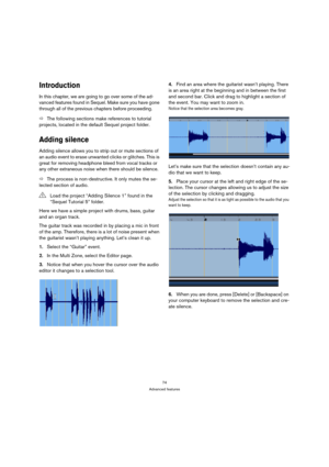 Page 7474
Advanced features
Introduction
In this chapter, we are going to go over some of the ad-
vanced features found in Sequel. Make sure you have gone 
through all of the previous chapters before proceeding.
ÖThe following sections make references to tutorial 
projects, located in the default Sequel project folder.
Adding silence
Adding silence allows you to strip out or mute sections of 
an audio event to erase unwanted clicks or glitches. This is 
great for removing headphone bleed from vocal tracks or...