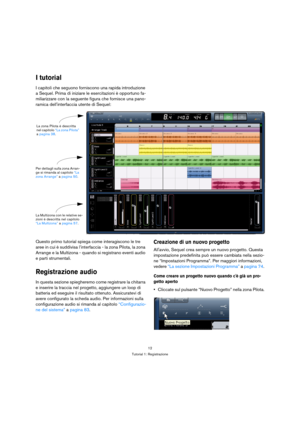 Page 1212
Tutorial 1: Registrazione
I tutorial
I capitoli che seguono forniscono una rapida introduzione 
a Sequel. Prima di iniziare le esercitazioni è opportuno fa-
miliarizzare con la seguente figura che fornisce una pano-
ramica dellinterfaccia utente di Sequel:
Questo primo tutorial spiega come interagiscono le tre 
aree in cui è suddivisa l’interfaccia - la zona Pilota, la zona 
Arrange e la Multizona - quando si registrano eventi audio 
e parti strumentali.
Registrazione audio
In questa sezione...