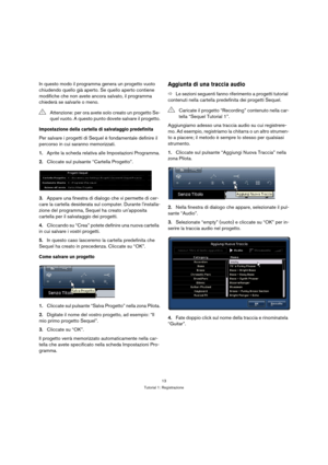 Page 1313
Tutorial 1: Registrazione
In questo modo il programma genera un progetto vuoto 
chiudendo quello già aperto. Se quello aperto contiene 
modifiche che non avete ancora salvato, il programma 
chiederà se salvarle o meno.
Impostazione della cartella di salvataggio predefinita
Per salvare i progetti di Sequel è fondamentale definire il 
percorso in cui saranno memorizzati.
1.Aprite la scheda relativa alle Impostazioni Programma.
2.Cliccate sul pulsante “Cartella Progetto”.
3.Appare una finestra di dialogo...