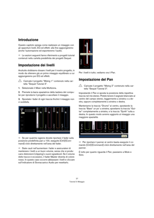 Page 2727
Tutorial 3: Mixaggio
Introduzione
Questo capitolo spiega come realizzare un mixaggio con 
gli opportuni livelli, EQ ed effetti: alla fine aggiungeremo 
anche l’automazione ed esporteremo l’audio.
ÖLe sezioni seguenti fanno riferimento a progetti tutorial 
contenuti nella cartella predefinita dei progetti Sequel.
Impostazione dei livelli
Anzitutto dobbiamo dosare i livelli per il nostro progetto, in 
modo da ottenere già un primo mixaggio equilibrato a cui 
aggiungeremo poi EQ ed effetti.
1.Selezionate...