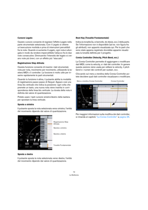 Page 7272
La Multizona
Cursore Legato
Questo cursore consente di regolare leffetto Legato nella 
parte strumentale selezionata. Con il Legato si ottiene 
un’esecuzione morbida e priva di interruzioni percettibili 
fra le note. Quando si aumenta il Legato, ogni nota è allun-
gata in modo da rendere impercettibile lattacco fra le due 
note consecutive. Diminuendo lintensità del legato si cre-
ano note più brevi, con un effetto più “staccato”.
Registrazione Step Attivata
Questa funzione consente di inserire i dati...