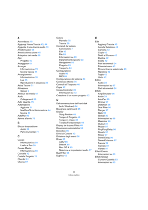 Page 9999
Indice analitico
A
Accordatura 15
Aggiungi Nuova Traccia 43, 44
Aggiunta di una traccia audio 13
AmpSimulator 96
Annulla ultima azione 45
Anteprima dei media 66
Apri
Progetto 40
Arpeggiator 61
Arranger
Informazioni su 73
Mostra traccia 44
Arrangiamento
Informazioni su 35
Live 35
Riproduzione in sequenza 36
Attiva Terzine 71
Attivazione
Sequel 9
Attributi dei media 67
Audio
Collegamenti 86
Auto Quantiz. 75
Automazione
Aggiunta 31
Modifica/Scrivi Automazione 44
Mostra 44
AutoPan 96
Azione allavvio 75
B...