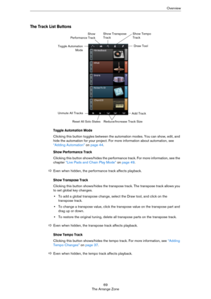 Page 6969
The Arrange ZoneOverview
The Track List Buttons
Toggle Automation Mode
Clicking this button toggles between the automation modes. You can show, edit, and 
hide the automation for your project. For more information about automation, see 
“Adding Automation” on page 44.
Show Performance Track
Clicking this button shows/hides the performance track. For more information, see the 
chapter 
“Live Pads and Chain Play Mode” on page 49.
Show Transpose Track
Clicking this button shows/hides the transpose track....