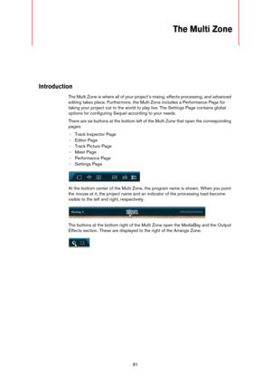 Page 8181
The Multi Zone
Introduction
The Multi Zone is where all of your project’s mixing, effects processing, and advanced 
editing takes place. Furthermore, the Multi Zone includes a Performance Page for 
taking your project out to the world to play live. The Settings Page contains global 
options for configuring Sequel according to your needs.
There are six buttons at the bottom left of the Multi Zone that open the corresponding 
pages:
- Track Inspector Page
- Editor Page
- Track Picture Page
-Mixer Page
-...