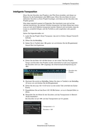Page 116116
Weiterführende FunktionenIntelligente Transposition
Intelligente Transposition
Wenn Sie den Grundton des Projekts in der Pilot Zone einstellen, wird dieser zur 
Referenz für alle Audiodateien oder MIDI-Loops. Wenn Sie eine Datei mit einem 
definierten Grundton zu Ihrem Projekt hinzufügen, wird diese auf den Grundton des 
Projekts gesetzt.
Was dabei eigentlich passiert ist Folgendes: Die importierte Loop wird auf das 
nächste Intervall bzw. die nächste Tonhöhe transponiert. Auf diese Weise kann keine...