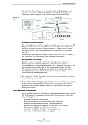 Page 1313
Ihr System einrichtenAudio-Konfiguration
Wenn Sie den Mixer in Sequel verwenden, können Sie die Eingänge Ihrer Audio-
Hardware verwenden, um Mikrofone und/oder externe Geräte anzuschließen. 
Verwenden Sie die Ausgänge, um Ihr Monitoring-Equipment anzuschließen.
Mischen mit 
Sequel
Von einem CD-Player aufnehmen
Die meisten Computer enthalten ein Laufwerk, das Sie wie einen herkömmlichen CD-
Player verwenden können. In einigen Fällen ist der CD-Player intern mit der Audio-
Hardware verbunden, so dass...