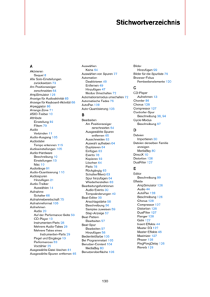 Page 130130
Stichwortverzeichnis
A
Aktivieren
Sequel 8
Alle Solo-Einstellungen 
zurücksetzen 73
Am Positionszeiger 
zerschneiden 64
AmpSimulator 126
Anzeige für Audioaktivität 65
Anzeige für Keyboard-Aktivität 66
Arpeggiator 86
Arrange Zone 71
ASIO-Treiber 10
Attribute
Einstellung 82
Filtern 79
Audio
Verbinden 11
Audio-Ausgang 105
Audiodatei
Tempo erkennen 115
Audioeinstellungen 105
Audio-Hardware
Beschreibung 10
Einstellungen 13
Mac 10
Audiolänge 91
Audio-Quantisierung 110
Audiospuren
Hinzufügen 21...