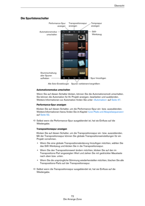 Page 7272
Die Arrange ZoneÜbersicht
Die Spurlistenschalter
Automationsmodus umschalten
Wenn Sie auf diesen Schalter klicken, können Sie die Automationsmodi umschalten. 
Sie können die Automation für Ihr Projekt anzeigen, bearbeiten und ausblenden. 
Weitere Informationen zur Automation finden Sie unter 
»Automation« auf Seite 47.
Performance-Spur anzeigen
Klicken Sie auf diesen Schalter, um die Performance-Spur ein- bzw. auszublenden. 
Weitere Informationen hierzu finden Sie im Kapitel 
»Live-Pads und...