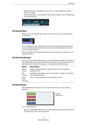 Page 7474
Die Arrange ZoneÜbersicht
•Erstellen Sie einen Cycle-Bereich, indem Sie in die obere Hälfte des Lineals 
klicken und ziehen.
Wenn Sie die Maus in diesen Bereich des Lineals bewegen, wird der Mauszeiger 
zum Stift-Werkzeug.
Die Rasterfunktion
Klicken Sie auf den Schalter ganz rechts neben dem Lineal, um die Rasterfunktion 
einzuschalten.
Wenn die Rasterfunktion eingeschaltet ist, können Sie die Bearbeitungsfunktionen 
nur an den Rasterpunkten des Lineals vornehmen. Die Rasterauflösung wird durch 
den...