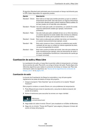 Page 108108
Funciones avanzadasCuantización de audio y Warp Libre
El algoritmo Standard está optimizado para el procesado en tiempo real eficiente para 
la CPU. Están disponibles los siguientes presets:
Cuantización de audio y Warp Libre
La cuantización de audio y el warp libre le permiten editar la temporización y el tempo 
de los eventos de audio. Para tal fin, se corrige el tiempo del audio. Puede elegir entre 
diferentes algoritmos para realizar la corrección de tiempo en tiempo real. Para más 
información...