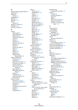 Page 130130
Índice alfabéticoD
D
Desenmudecer todas las Pistas 72
Deshacer 62
Desplazar
Eventos 31
Desplazarse 73
DirectX 10
Distortion 125
Dividir
Eventos 30
Dividir en el Cursor 63
DualFilter 126
Duración de audio 90
E
Edición
Añadir pista 63
Anular Selección 63
Botón/menú 62
Cambios de tempo 38
Copiar 62
Cortar 62
Deshacer 62
Dividir en el Cursor 63
Duplicar 63
Eventos 77
Eventos de audio 29
Partes 77
Pegar 62
Rehacer 62
Suprimir 63
Suprimir Pistas 
Seleccionadas 63
Editor de Muestras
Acerca de 34, 89...