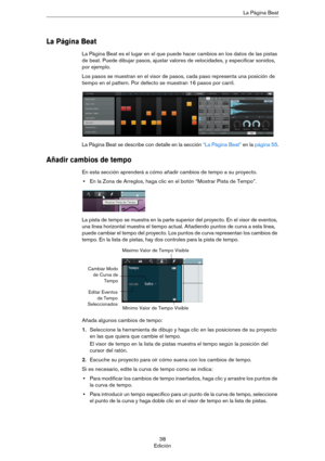 Page 3838
EdiciónLa Página Beat
La Página Beat
La Página Beat es el lugar en el que puede hacer cambios en los datos de las pistas 
de beat. Puede dibujar pasos, ajustar valores de velocidades, y especificar sonidos, 
por ejemplo.
Los pasos se muestran en el visor de pasos, cada paso representa una posición de 
tiempo en el pattern. Por defecto se muestran 16 pasos por carril.
La Página Beat se describe con detalle en la sección “La Página Beat” en la página 55.
Añadir cambios de tempo
En esta sección aprenderá...