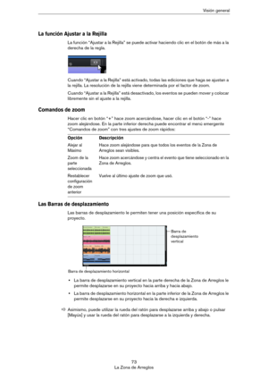 Page 7373
La Zona de ArreglosVisión general
La función Ajustar a la Rejilla
La función “Ajustar a la Rejilla” se puede activar haciendo clic en el botón de más a la 
derecha de la regla.
Cuando “Ajustar a la Rejilla” está activado, todas las ediciones que haga se ajustan a 
la rejilla. La resolución de la rejilla viene determinada por el factor de zoom.
Cuando “Ajustar a la Rejilla” está desactivado, los eventos se pueden mover y colocar 
libremente sin el ajuste a la rejilla. 
Comandos de zoom
Hacer clic en...