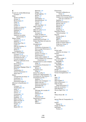 Page 130130
IndexE
E
Écoute de contrôle (Monitoring)
À propos 15
Éditer
Ajouter une Piste 64
Annuler 63
Bouton/menu 63
Coller 63
Copier 63
Couper 63
Couper au curseur 64
Désélectionner 64
Dupliquer 64
Rétablir 63
Supprimer 64
Supprimer les pistes 
sélectionnées 65
Éditeur Clavier
À propos 35, 39, 91
Déplacer 93
Entrée Pas à Pas 92
Legato 93
Piste de contrôleur 93
Quantifier 92
Swing 93
Transposition 92
Éditeur d’Échantillons
À propos 35, 89
Détection du Tempo 113
Enveloppe par pas 111
Fonction Inversion 90
Mode...